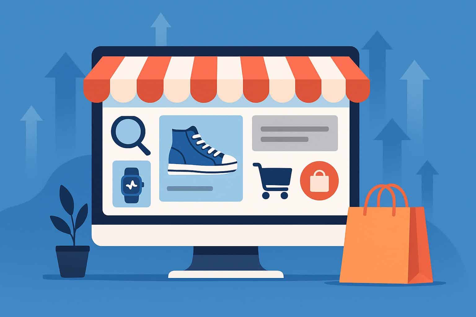 Futuristic online shopping interface displaying trending products and e-commerce innovations