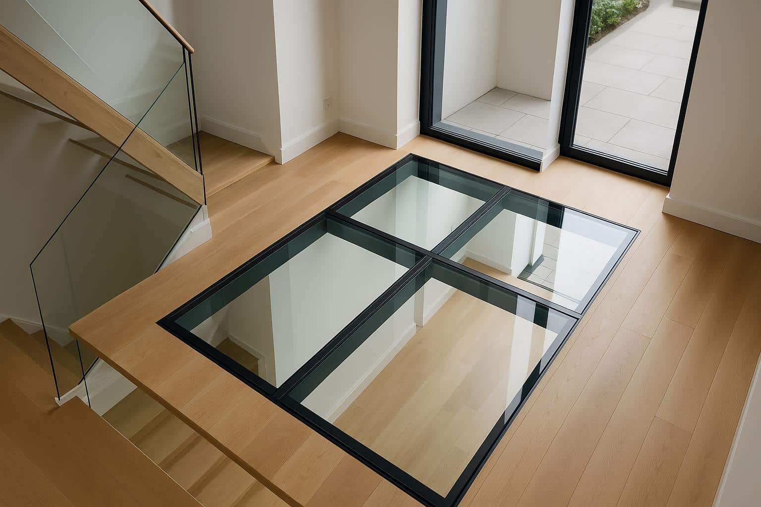 Contemporary living room showcasing stylish glass floor panels in modern interior design