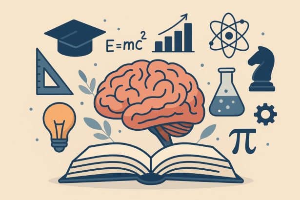 Abstract illustration of brain, science symbols, and technology icons representing high IQ careers