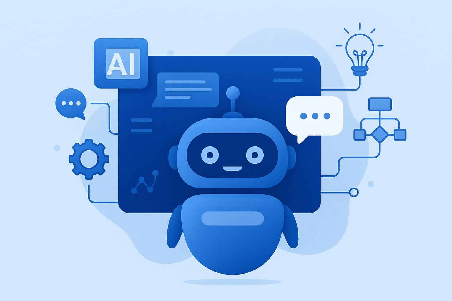 Abstract illustration of AI-powered chatbot technology with speech bubbles and digital interface elements