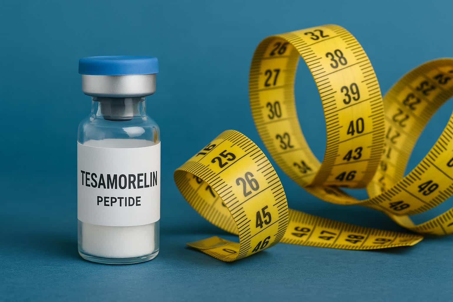 Tesamorelin peptide vial with measuring syringe highlighting fat reduction and HGH stimulation