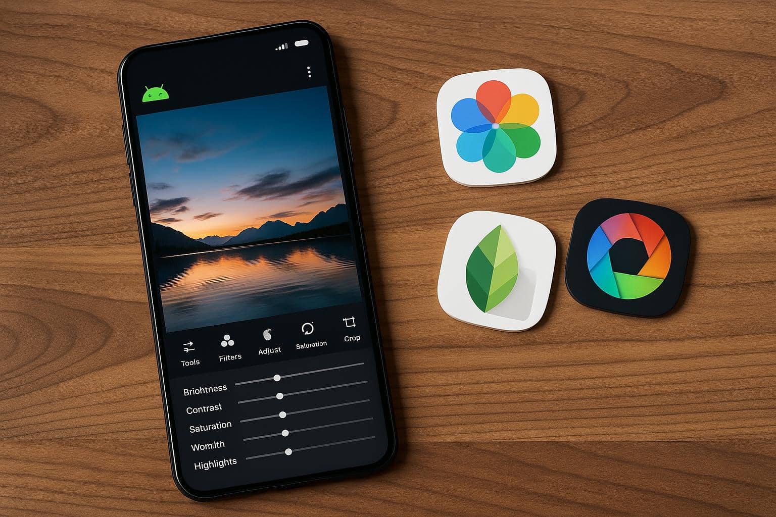 Top Android photo editing apps interface with editing tools and enhanced photos displayed