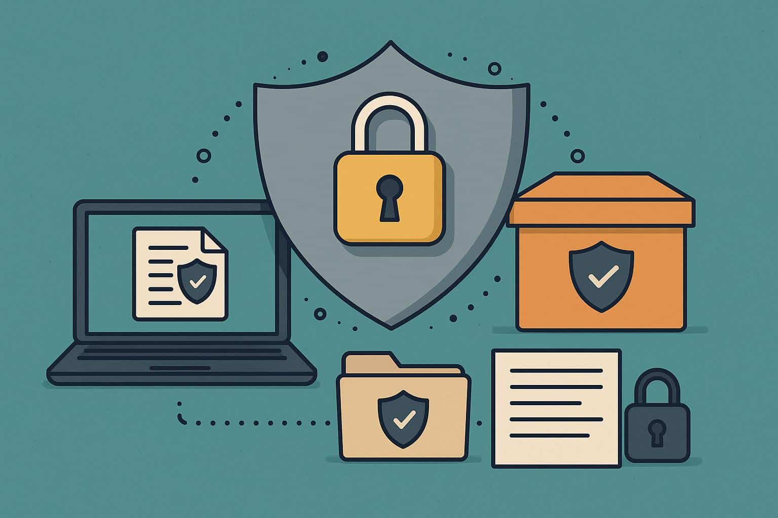 Shield protecting physical files and digital data, symbolizing comprehensive data security measures