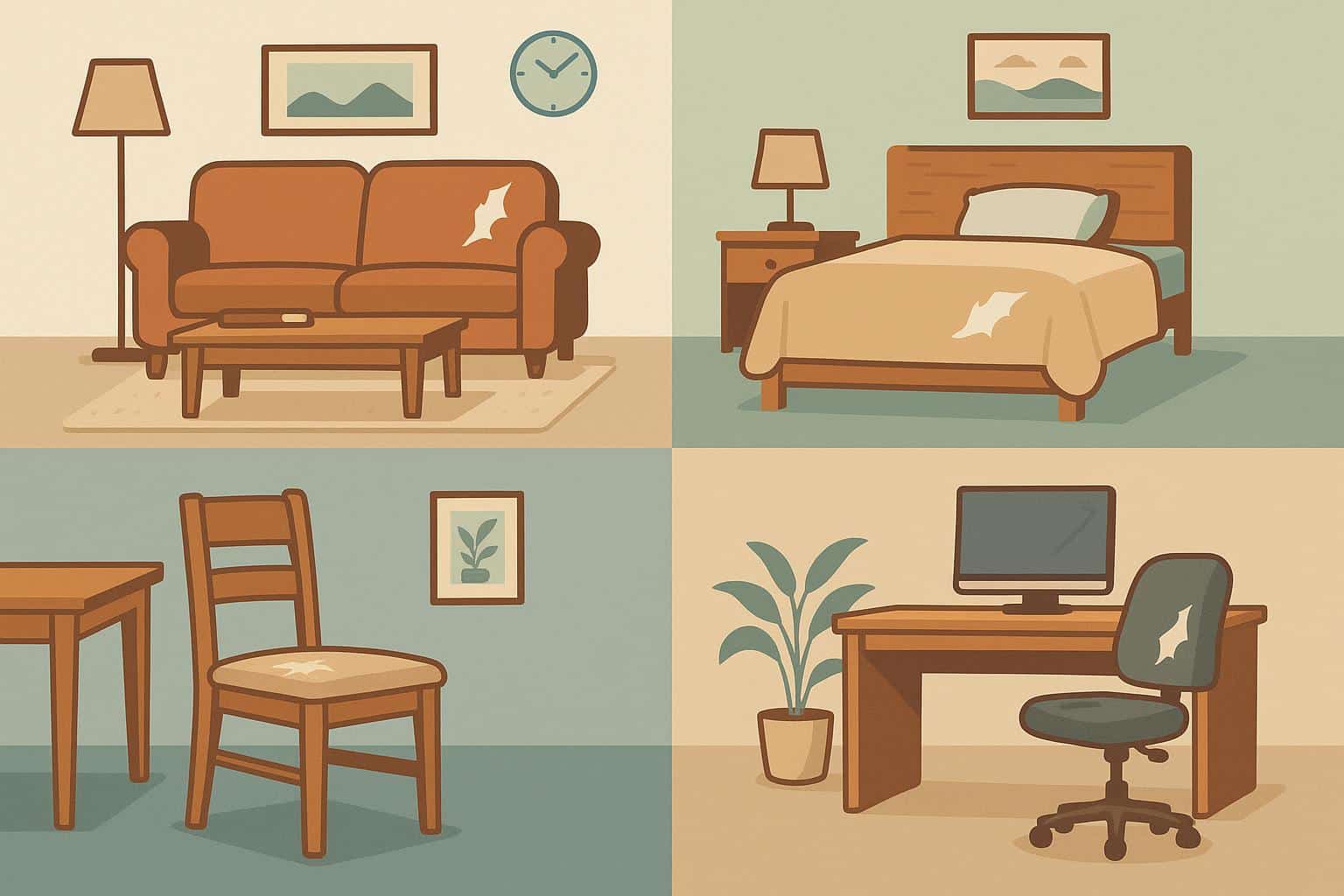 Living room sofa, bedroom mattress, and kitchen chairs illustrating typical furniture lifespan