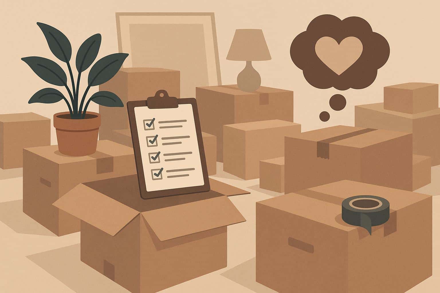 Packed moving boxes and a checklist on a table, illustrating preparation for a major move