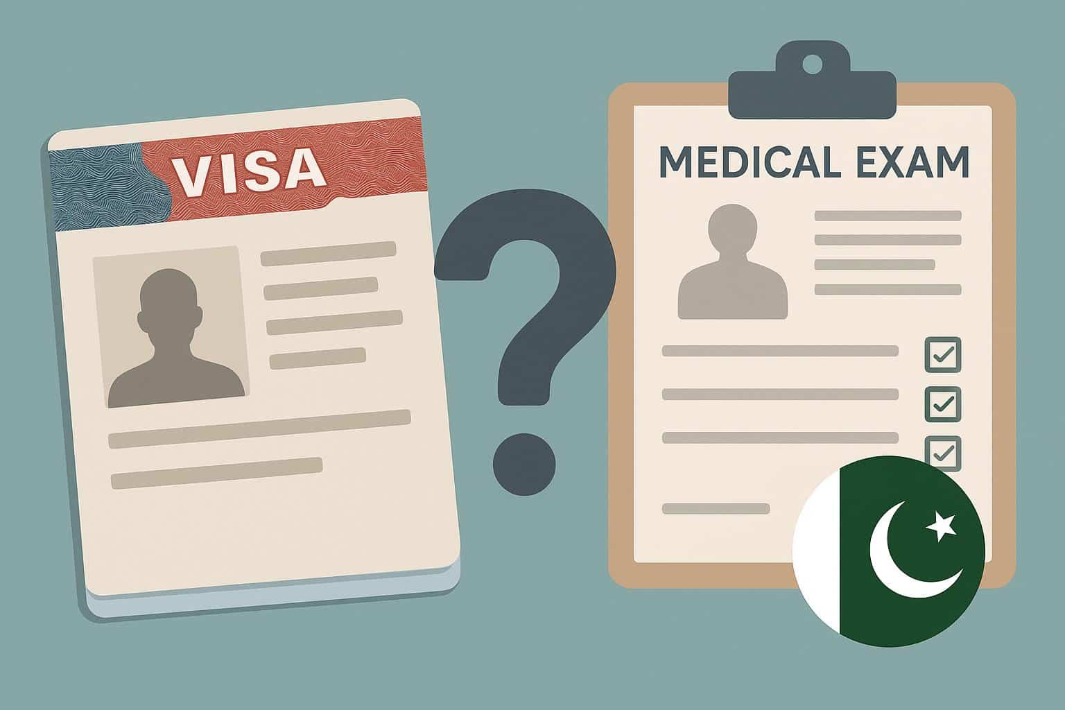 US visa medical exam process in Pakistan, medical forms and stethoscope on clinic desk