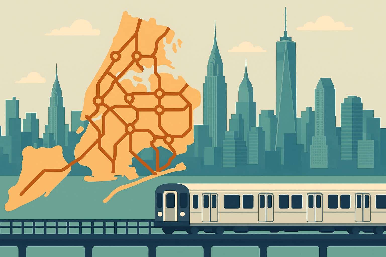 New York City skyline with subway trains highlighting urban density and public transportation logistics