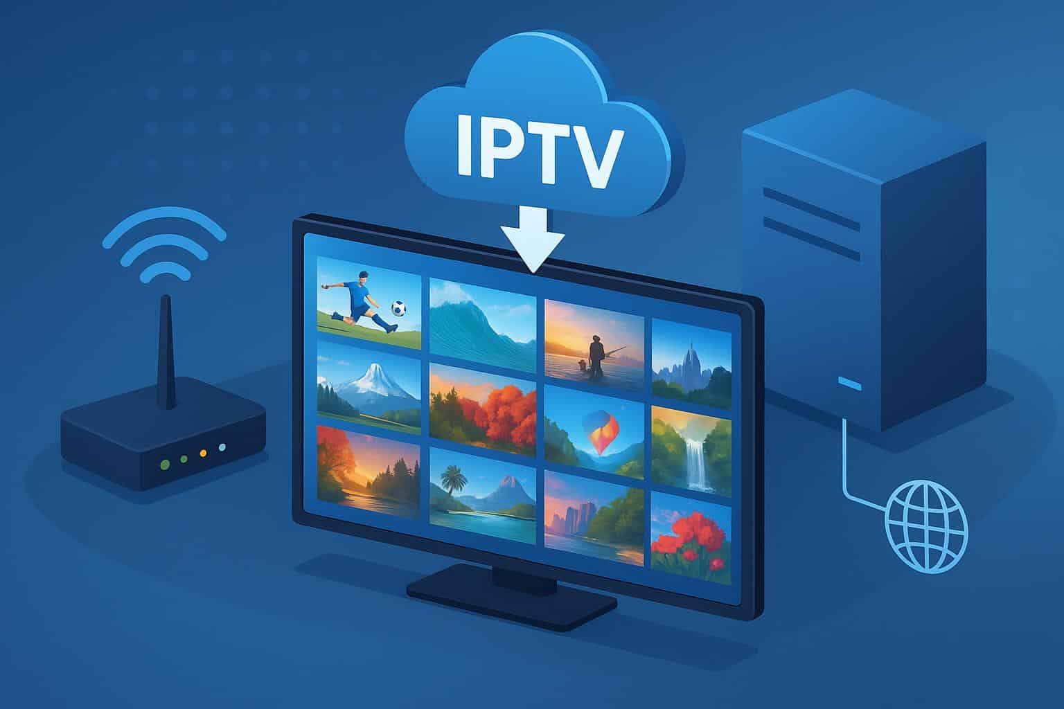IPTV streaming concept with digital TV screen and internet network symbols for online broadcasting