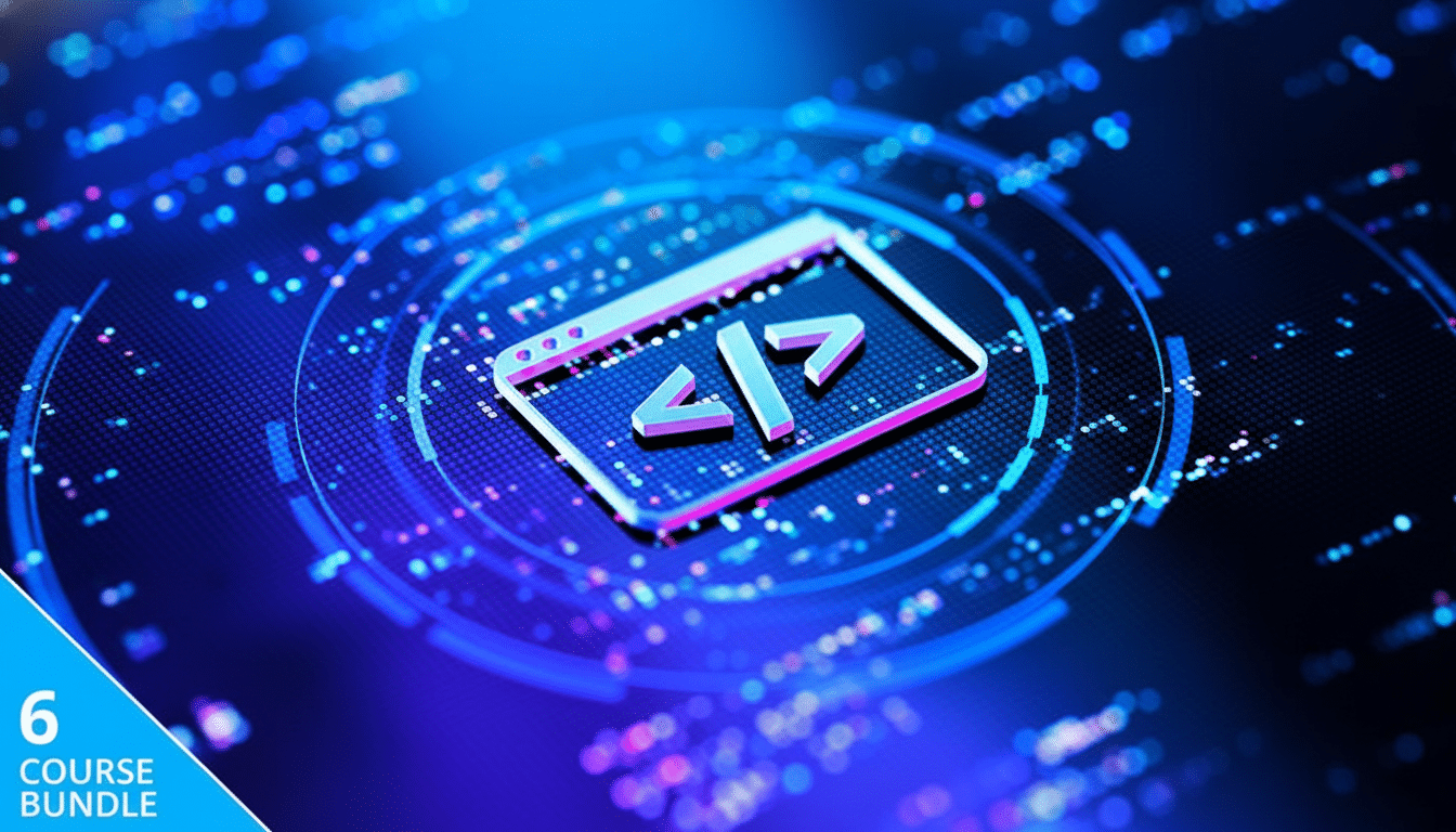 A 16:9 aspect ratio image featuring a glowing code icon on a dark blue background with abstract digital patterns. The bottom left corner has a blue banner with 6 COURSE BUNDLE written in white.