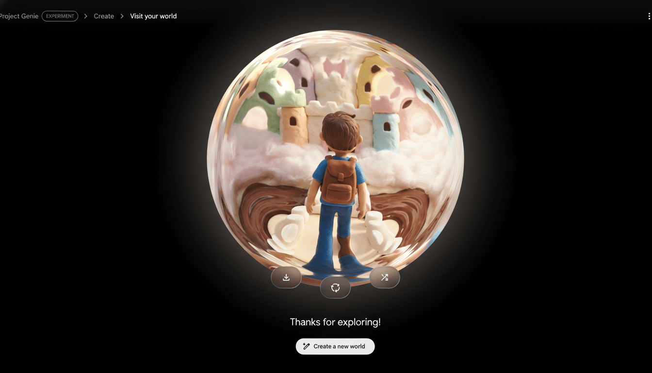 A screenshot of the Project Genie interface, showing a 3D animated character with a backpack looking into a whimsical, colorful world contained within a transparent sphere. The background is black, and there are navigation elements and buttons for interaction.