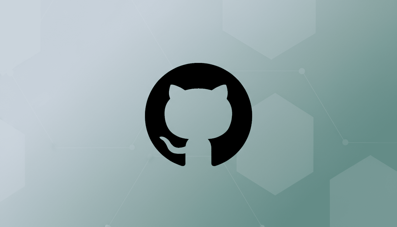 The GitHub Octocat logo, a black cat-like figure with a circular head and a small tail, centered on a professional 16:9 aspect ratio background with a subtle grey-green gradient and faint geometric patterns.