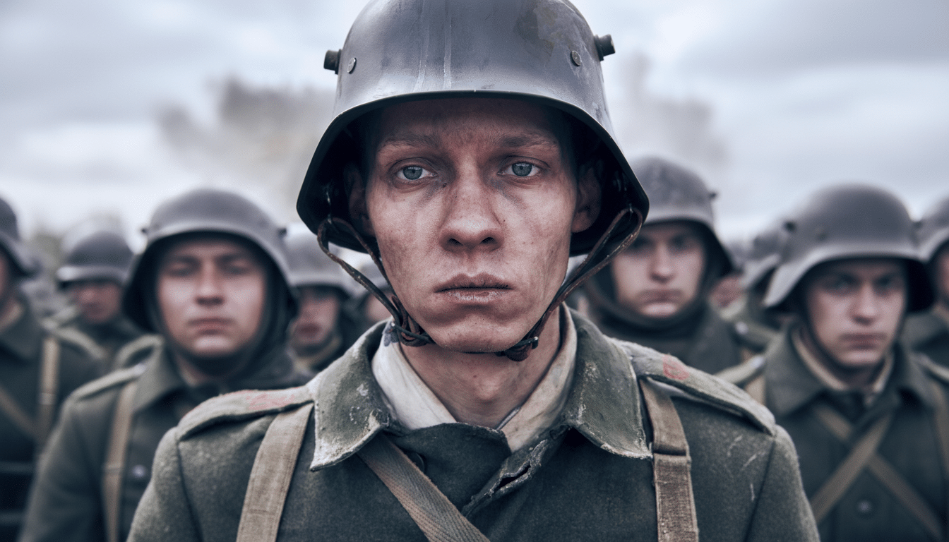 A close-up, 16:9 aspect ratio image of a young soldier in a helmet, with a dirty face and a serious expression, standing among other soldiers in the background.