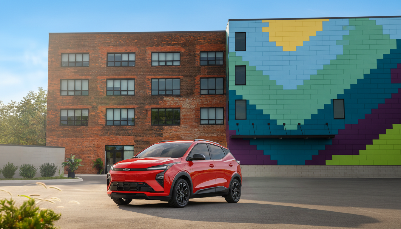 A red Chevrolet Bolt EUV parked in front of a brick building and a colorful building with a geometric pattern.