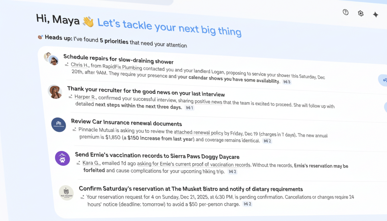 A screenshot of an email inbox with several unread messages, including a reminder to schedule shower repairs, a thank you from a recruiter, a car insurance renewal, a request for vaccination records, and a restaurant reservation confirmation.