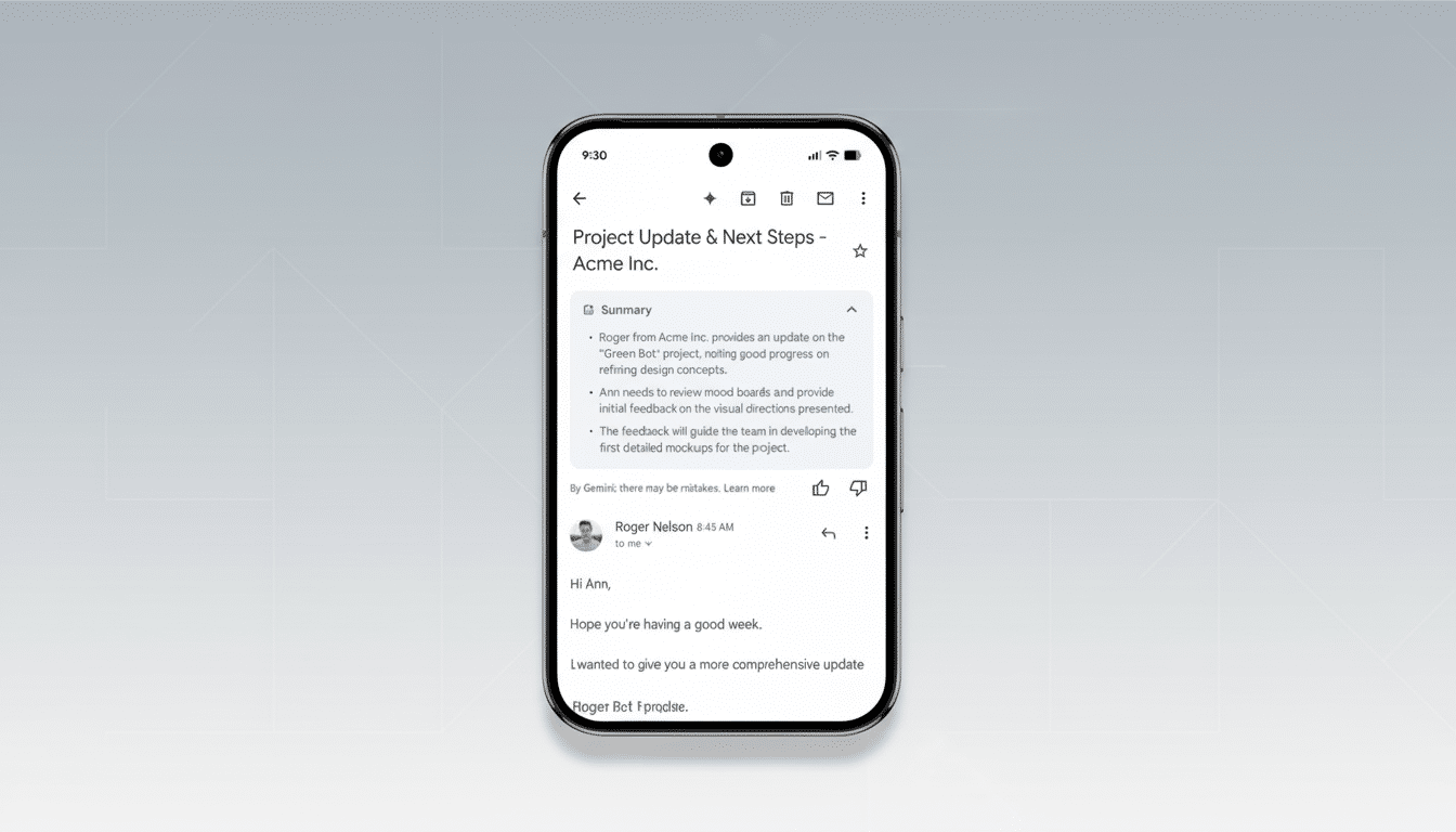 A smartphone displaying a project update email from Acme Inc. on a professional, subtly patterned gray background.