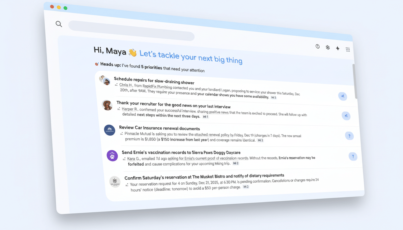 A professional, enhanced image of an email inbox interface, resized to a 16:9 aspect ratio. The interface displays several email notifications, including Schedule repairs for slow-draining shower, Thank your recruiter for the good news on your last interview, Review Car Insurance renewal documents, Send Ernies vaccination records to Sierra Paws Doggy Daycare, and Confirm Saturdays reservation at The Musket Bistro. The background is a clean, light blue gradient, maintaining a professional and uncluttered presentation.
