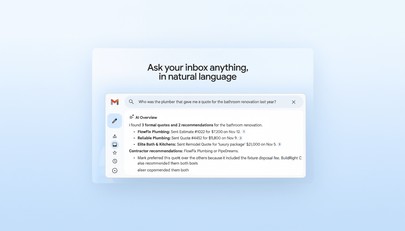 A screenshot of a Gmail interface with an AI overview feature, showing a search query Who was the plumber that gave me a quote for the bathroom renovation last year? and results listing three formal quotes and two recommendations from plumbing and kitchen contractors.