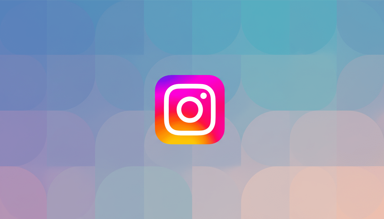 The Instagram logo, a white camera icon on a vibrant gradient background of purple, pink, and orange, centered on a professional flat design background with soft blue and purple gradients and subtle geometric patterns.