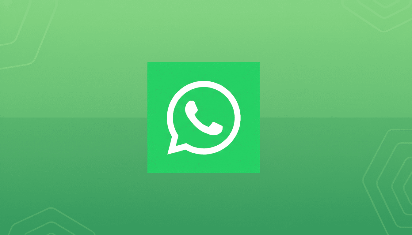 The WhatsApp logo, a white phone icon inside a speech bubble, centered on a green square, against a professional flat design background with soft green gradients and subtle geometric patterns.