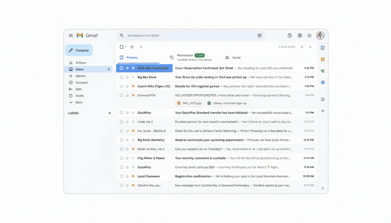 A screenshot of the Gmail interface, showing an inbox with several unread emails and the primary, promotions, and social tabs.