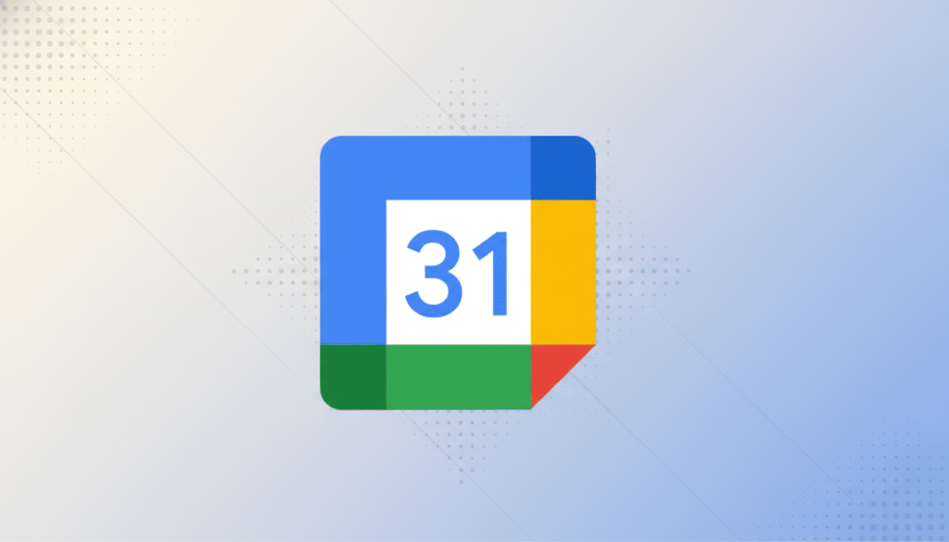 The Google Calendar app icon, featuring a blue, yellow, green, and red square with the number 31 in blue on a white background, set against a professional flat design background with soft patterns and gradients.