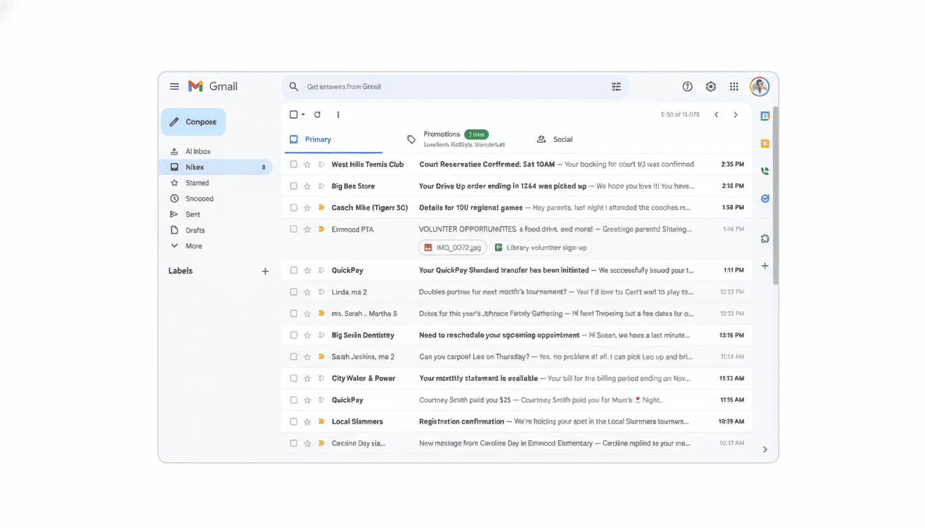 A screenshot of the Gmail interface, showing an inbox with several unread emails. The primary tab is selected, displaying various email subjects and senders. The layout is clean and professional, with the Gmail logo and search bar visible at the top.