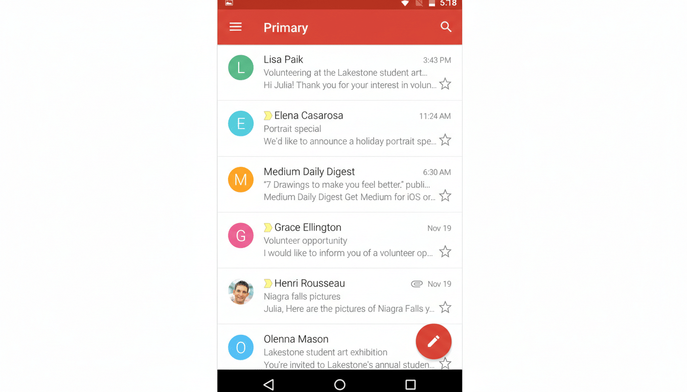 A screenshot of a mobile email inbox, resized to a 16:9 aspect ratio. The inbox displays several unread emails from various senders, with the Primary tab selected. The background has been extended with a professional flat design featuring a soft gradient to fit the new aspect ratio, while the original email interface remains unchanged.