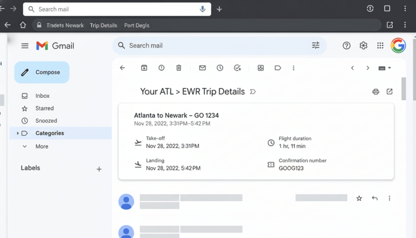 A screenshot of a Gmail interface showing flight details for a trip from Atlanta to Newark.