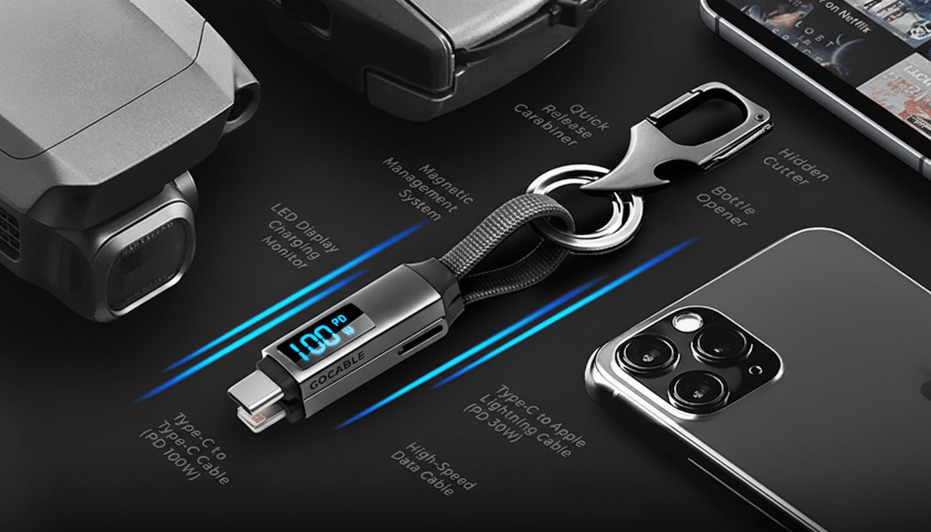 A 16:9 aspect ratio image of a multi-functional charging cable with a carabiner, bottle opener, and hidden cutter, displayed alongside a drone controller and a smartphone.