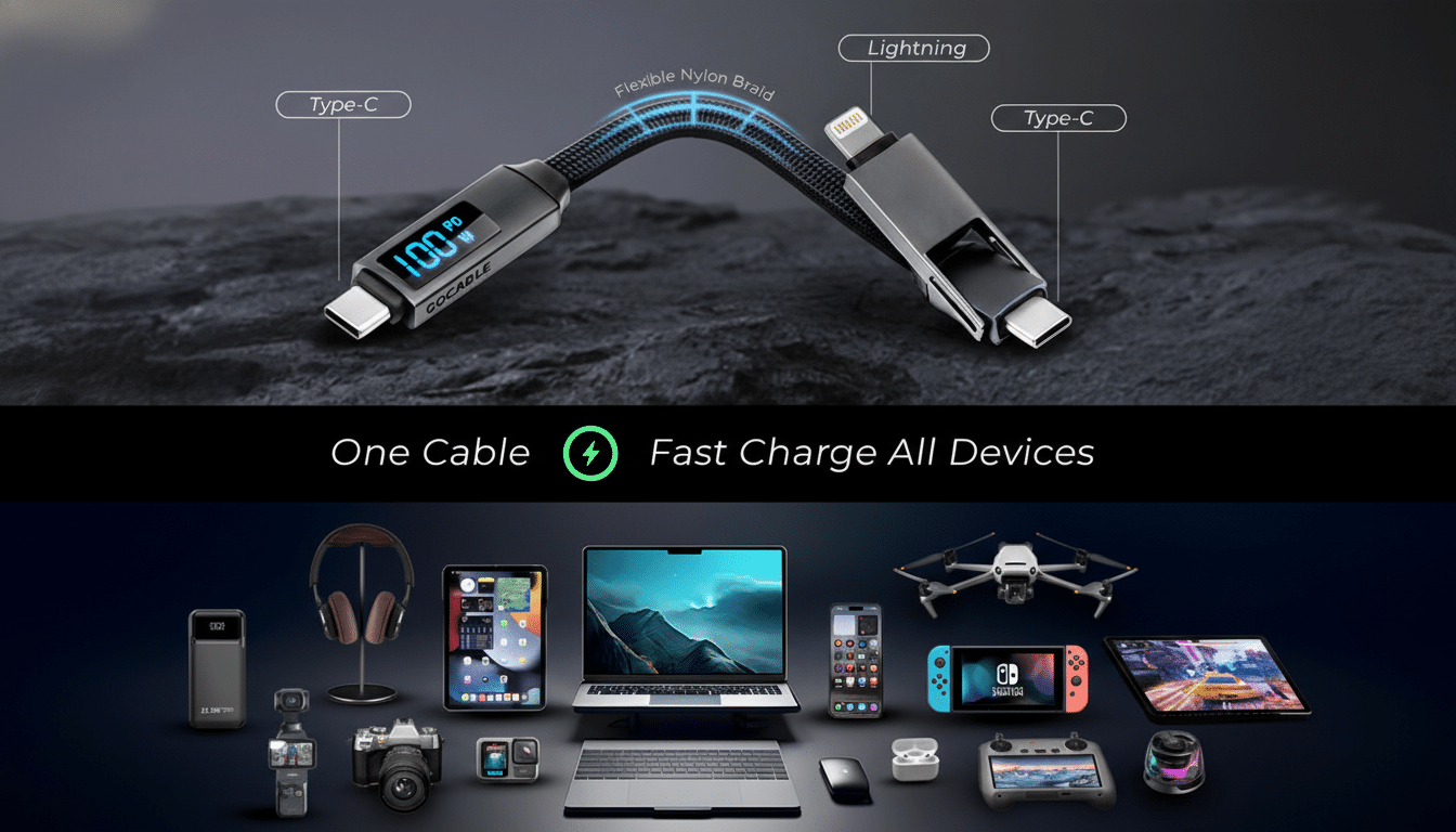 A 16:9 aspect ratio image of a Cocable charging cable with Type-C and Lightning connectors, displaying 100W on its screen, above a collection of various electronic devices it can charge.