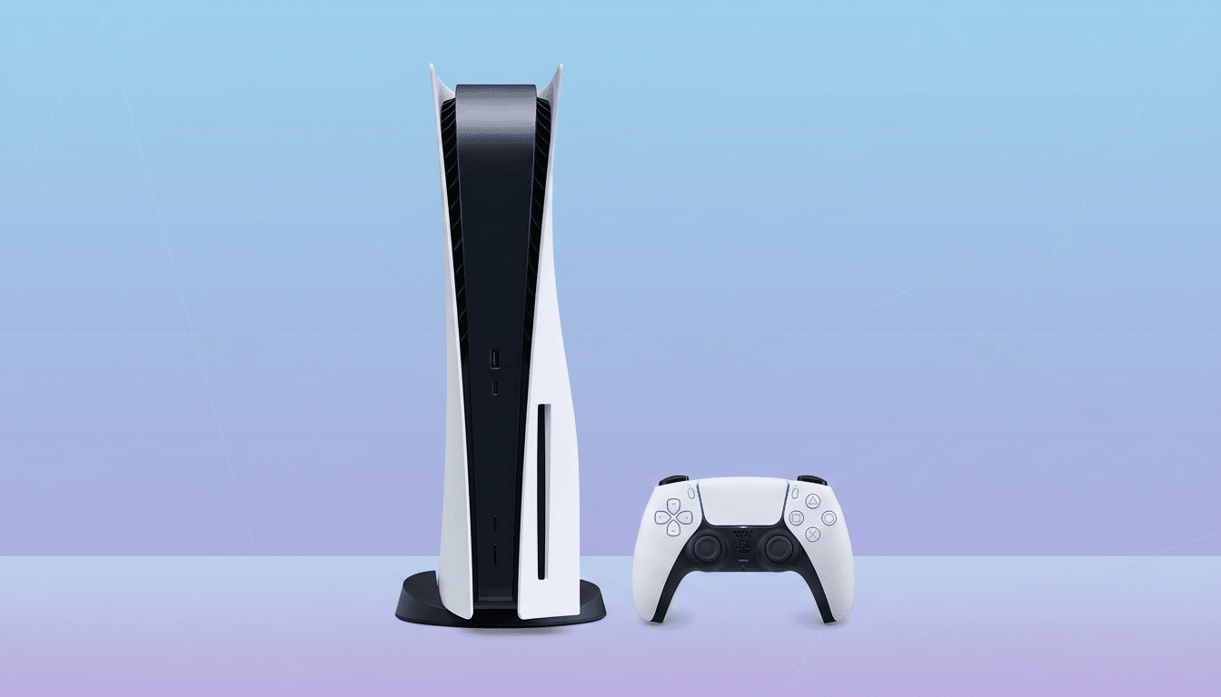 A white PlayStation 5 console and a matching DualSense controller are displayed side-by-side against a professional flat design background with soft blue and purple gradients and subtle geometric patterns.