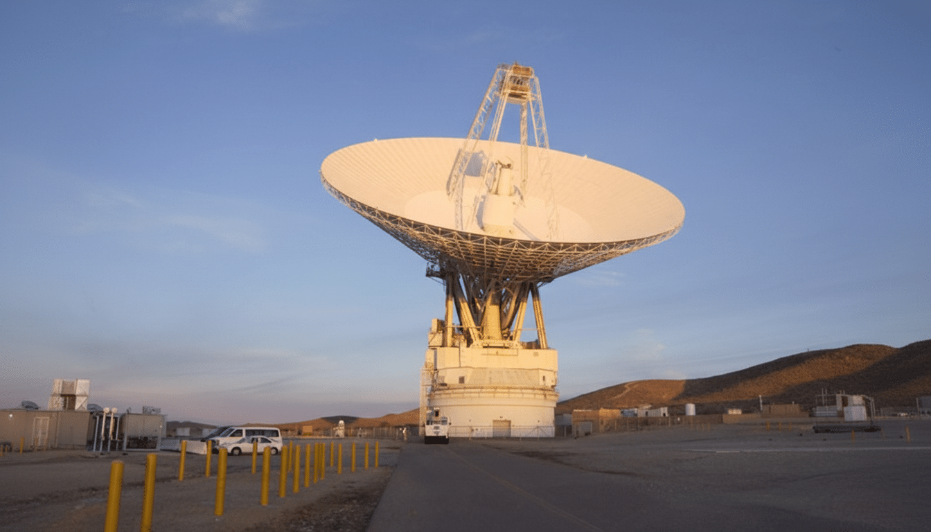 A large white radio telescope dish stands against a clear blue sky with a desert landscape in the background.