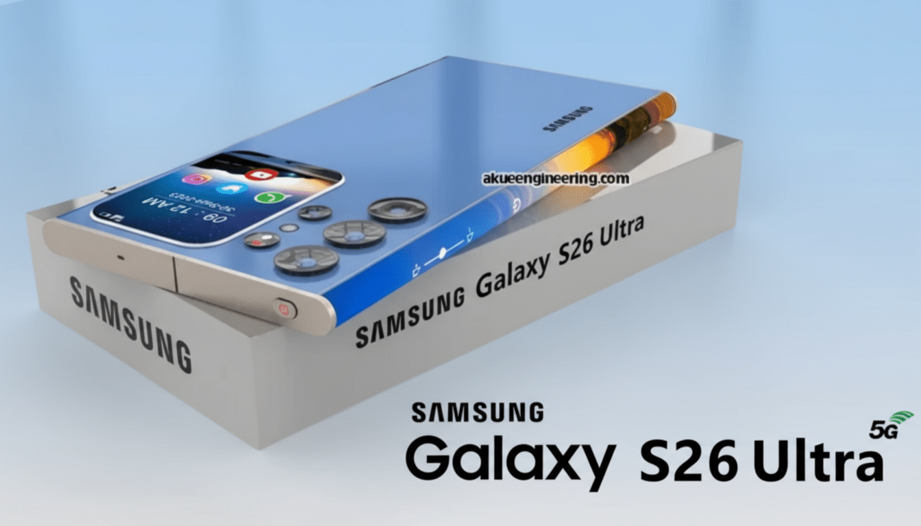 A professional image of a Samsung Galaxy S26 Ultra phone concept, featuring a blue and silver design with a flexible screen, resting on a white box with SAMSUNG Galaxy S26 Ultra branding. The background is a soft blue gradient.