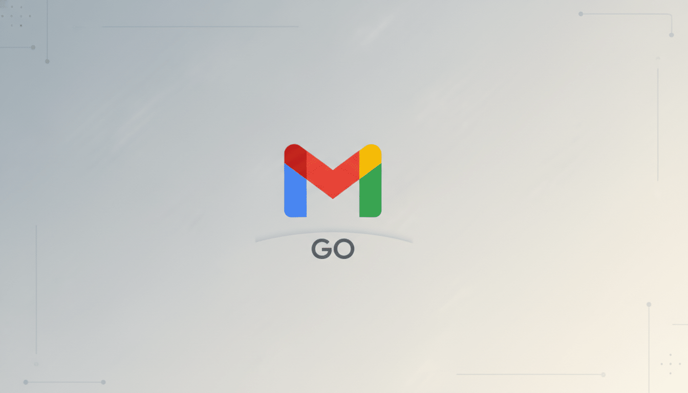 The Gmail Go logo, featuring a stylized M in Googles brand colors (red, blue, green, and yellow), centered on a professional light gray background with subtle geometric patterns and gradients. The word GO is beneath the M in a dark gray sans-serif font.