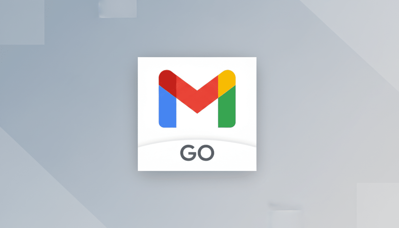 The Gmail Go app icon, featuring the iconic red, blue, green, and yellow M logo, centered on a professional light gray background with subtle geometric patterns.