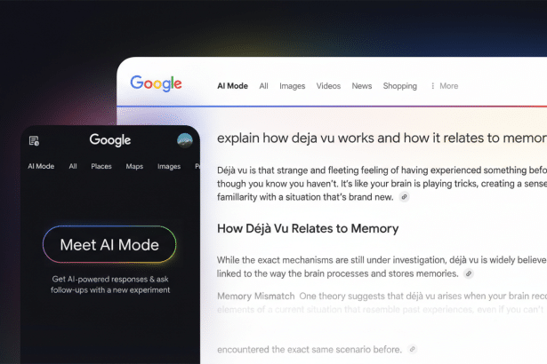 Google AI Mode interface with Gmail and Google Photos icons generating answers
