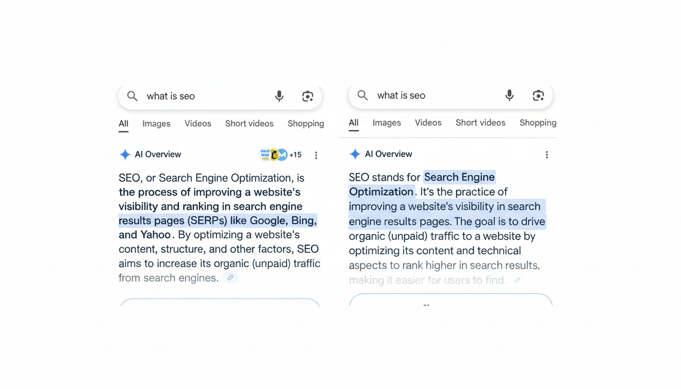A side-by-side comparison of two Google search results pages for what is seo, both showing an AI Overview. The left image displays a more detailed explanation of SEO, while the right image shows a slightly shorter version.
