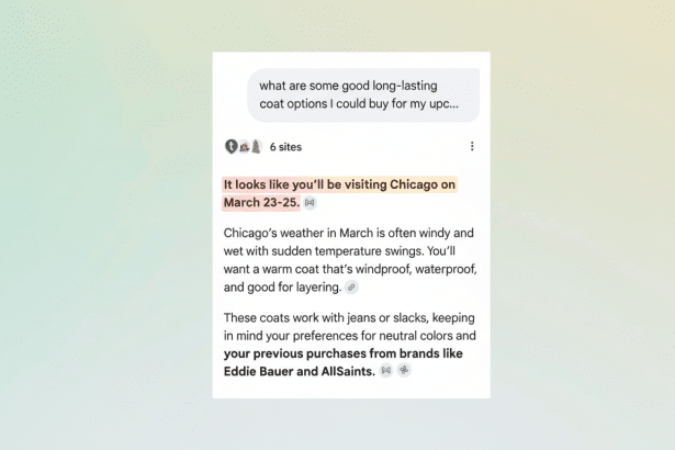 Google AI Mode searching Gmail and Google Photos on a smartphone screen