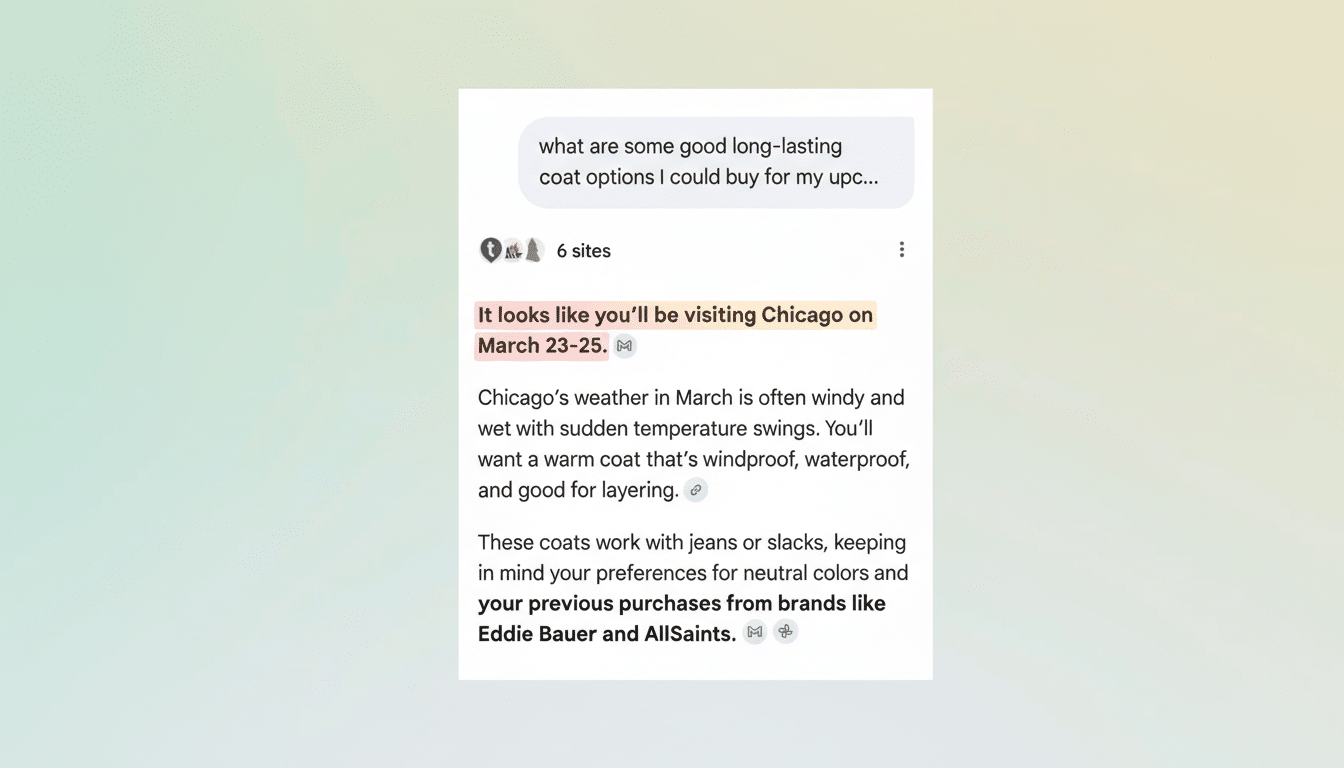 Google AI Mode searching Gmail and Google Photos on a smartphone screen