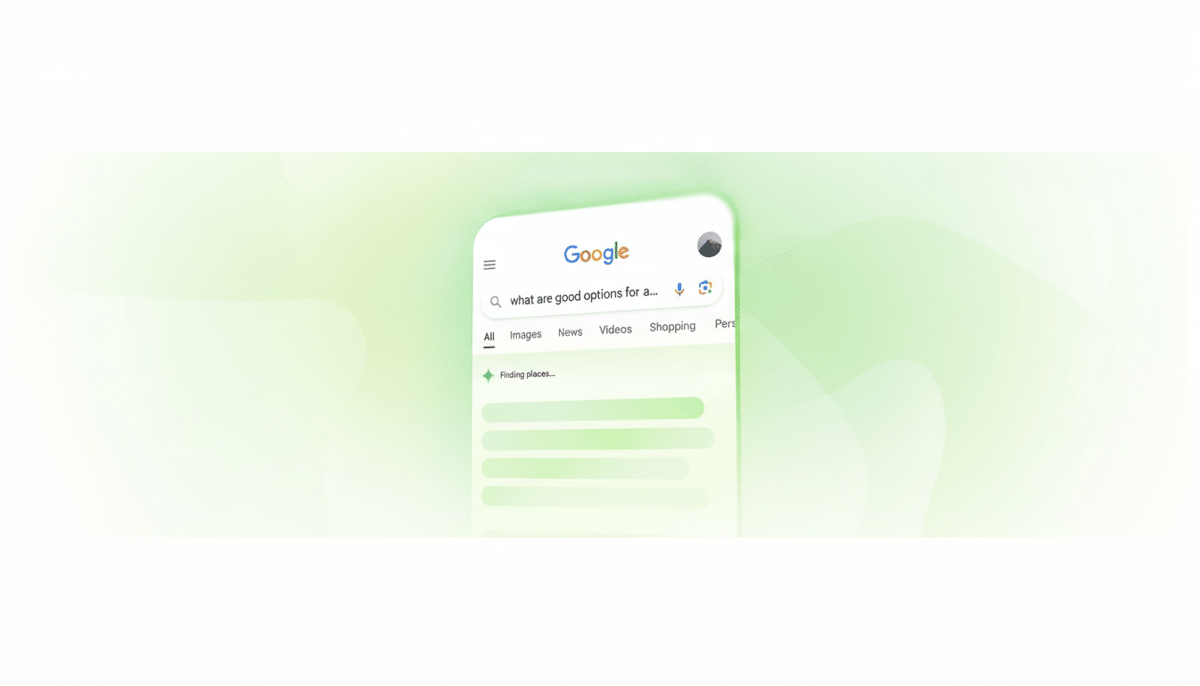 A Google search interface on a smartphone screen, resized to a 16:9 aspect ratio. The search bar shows what are good options for a... and below it, Finding places... with green loading bars. The background is a soft green gradient.