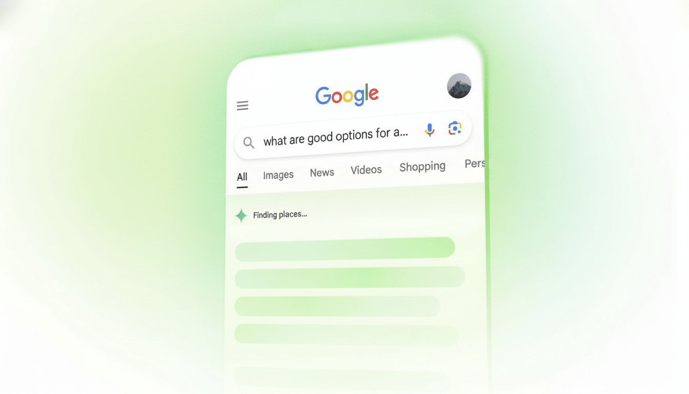 A close-up of a smartphone screen displaying the Google search interface with the query what are good options for a... in the search bar. The background is a soft green gradient.