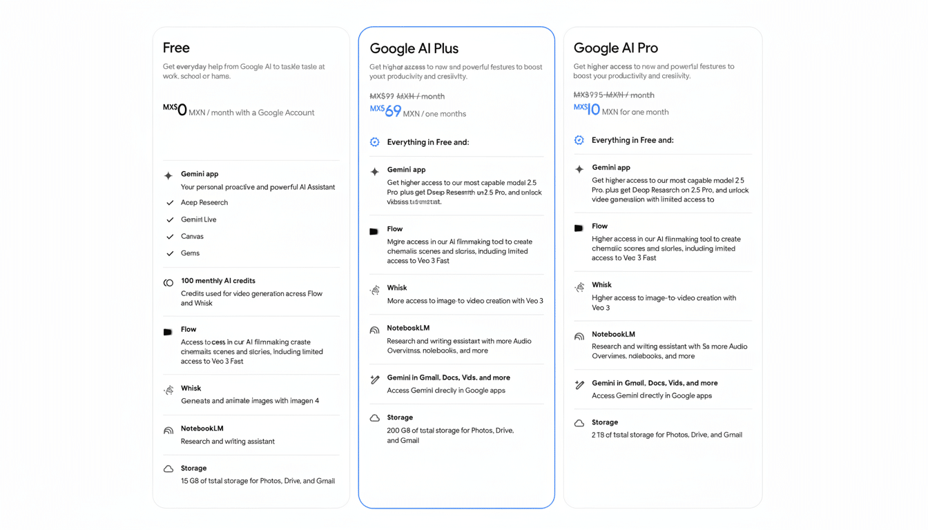A professional, enhanced image of a Google AI pricing comparison table, resized to a 16:9 aspect ratio. The table displays three plans: Free, Google AI Plus, and Google AI Pro, detailing their features, credits, and storage options. The background is a clean, professional flat design with soft gradients, ensuring the table remains the central focus.
