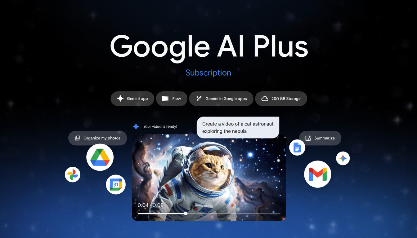 A screenshot of the Google AI Plus interface, featuring a cat astronaut video, with various Google app icons surrounding it.