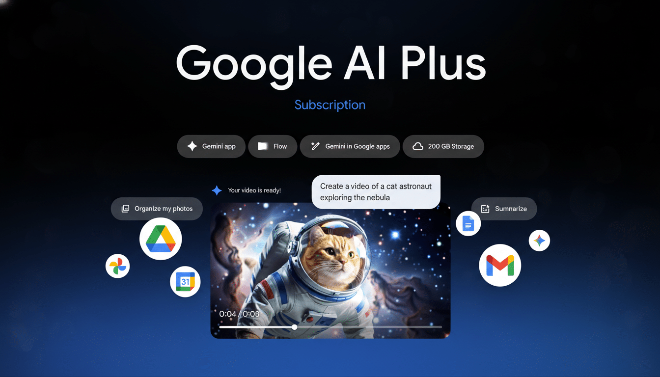 A cat astronaut exploring a nebula, with Google AI Plus and Subscription text above, surrounded by various Google app icons.