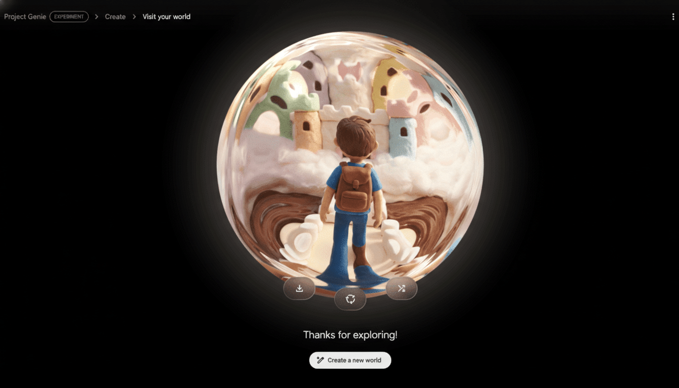 A 16:9 aspect ratio image of a 3D animated character with a backpack looking into a swirling, colorful world contained within a sphere, set against a black background.