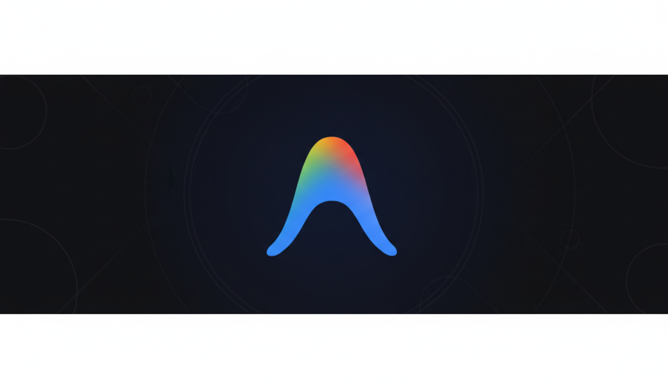 A vibrant, gradient-colored A shaped logo on a dark background with subtle geometric patterns, presented in a 16:9 aspect ratio.