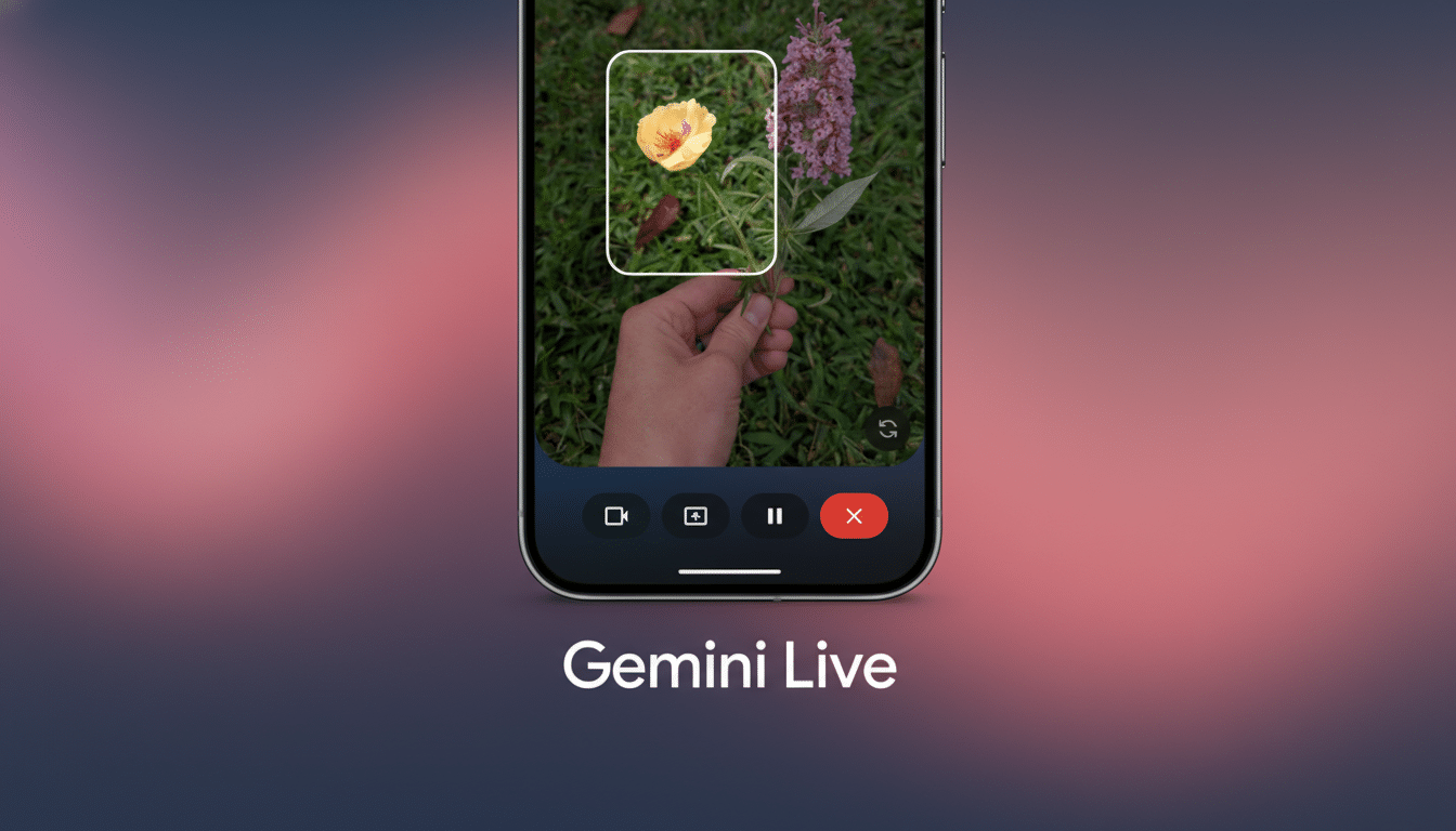 A smartphone displaying a video call interface with a hand holding a yellow flower, set against a blurred background with Gemini Live text.