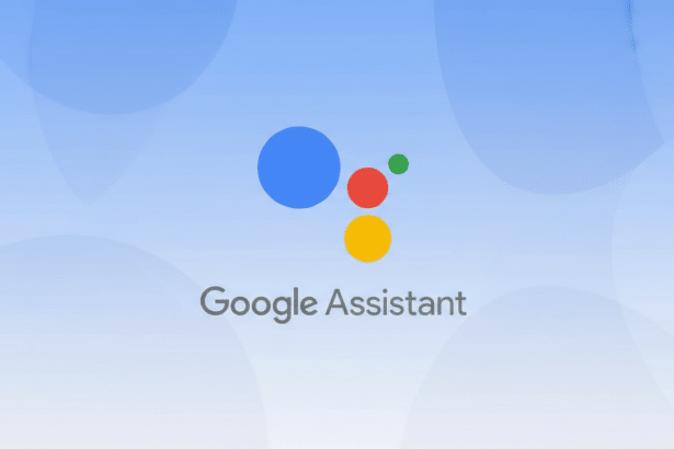 The Google Assistant logo, featuring four colored dots (blue, red, yellow, green) above the text Google Assistant, presented on a professional light blue background with subtle, soft patterns.