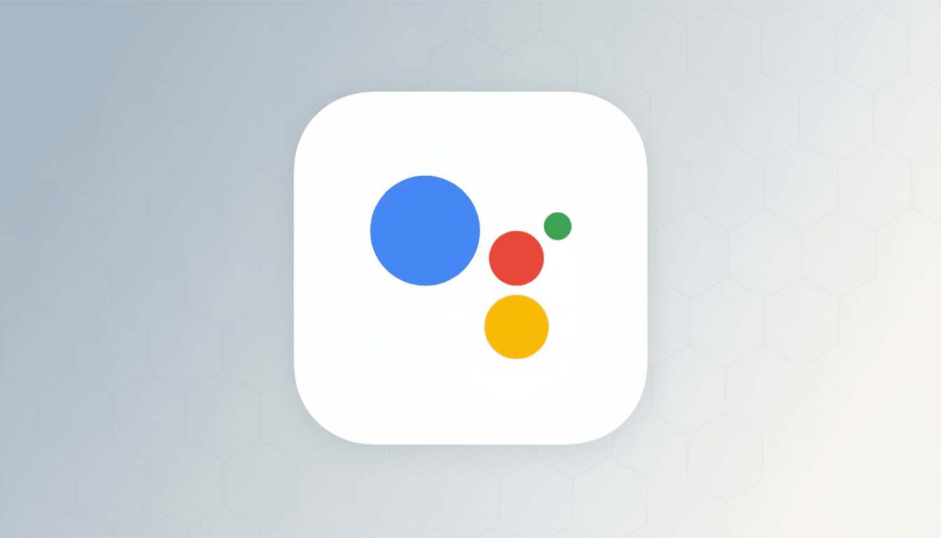 The Google Assistant app icon, featuring four colored dots (blue, red, yellow, green) on a white rounded square, set against a professional 16:9 background with a subtle gray gradient and hexagonal pattern.