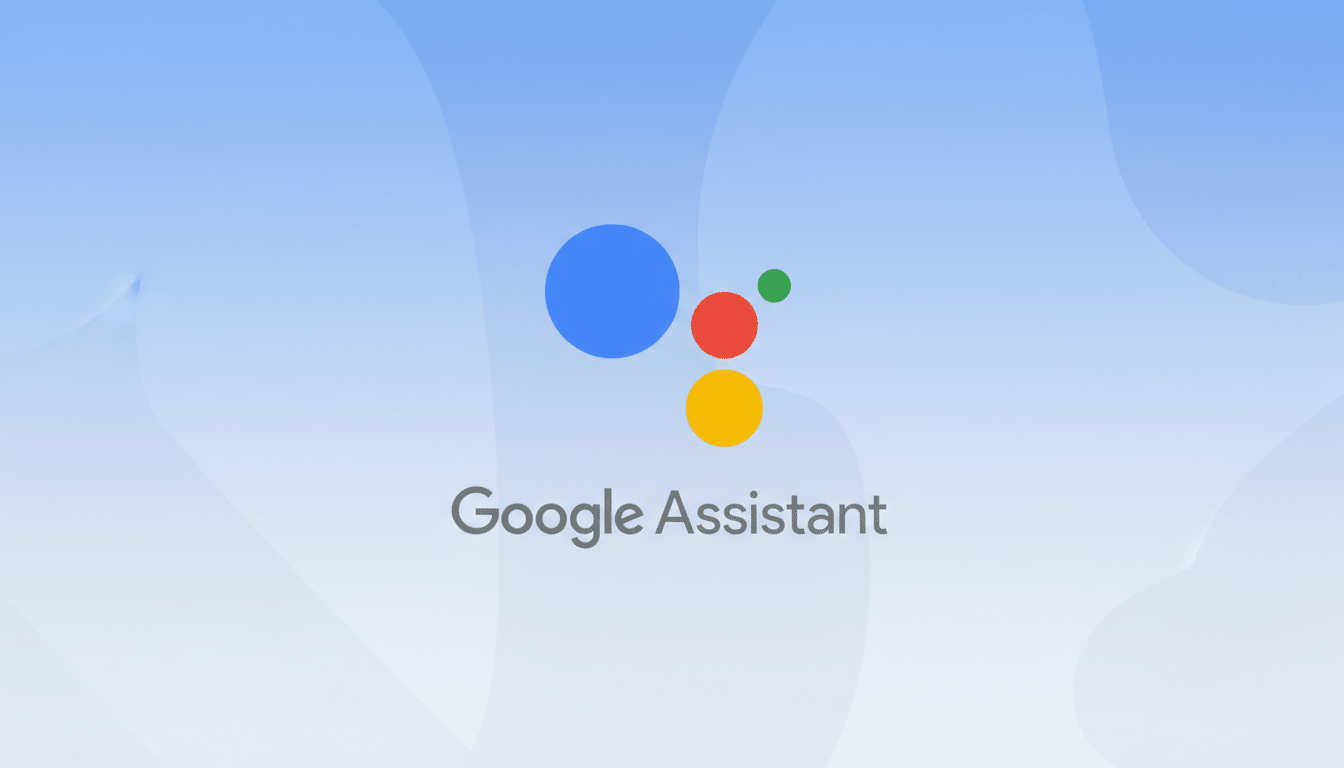 The Google Assistant logo, featuring four colored dots (blue, red, yellow, green) above the text Google Assistant, presented on a light blue background with subtle, soft wave patterns.